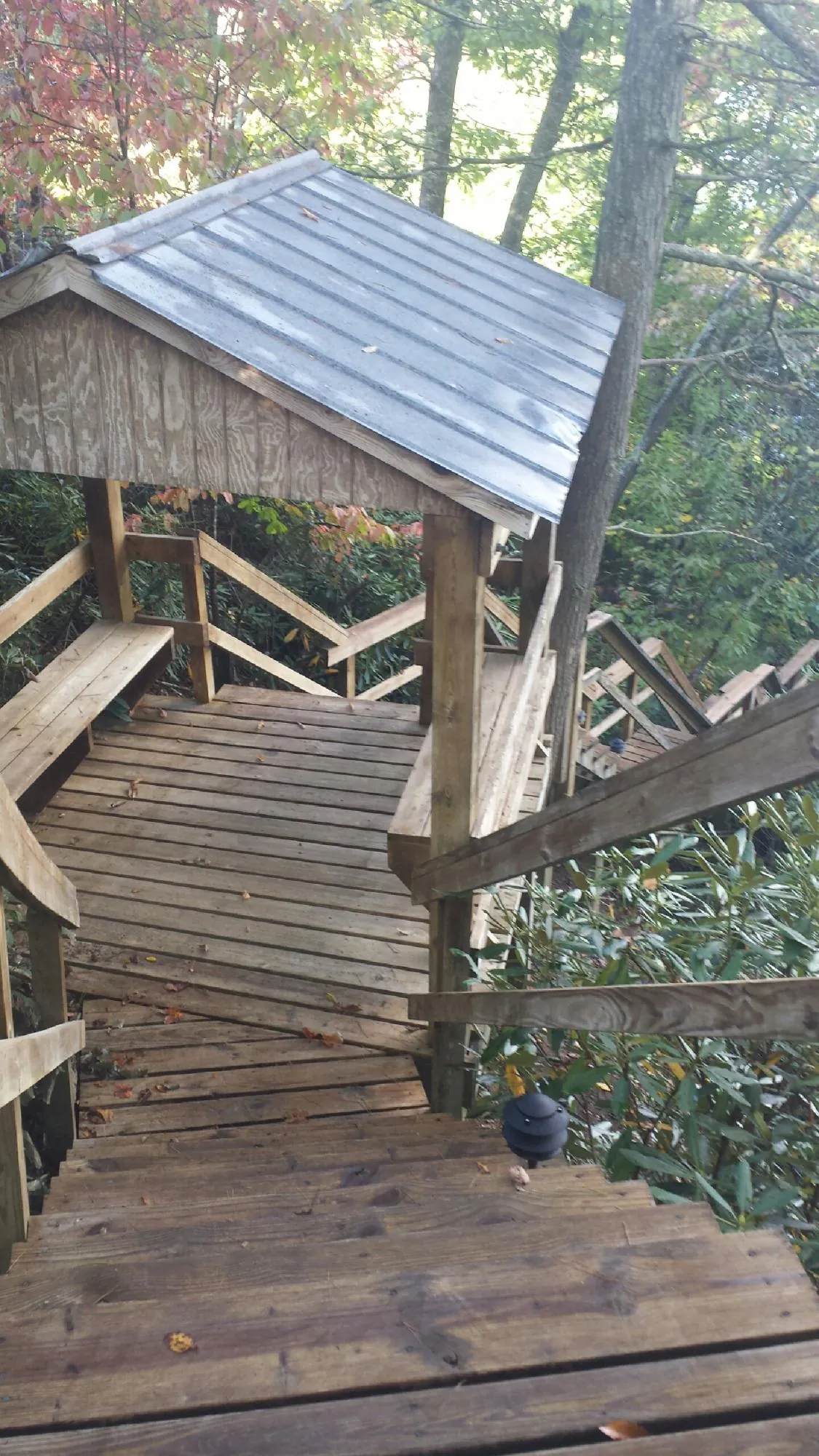 Metal roofed shelter over wooden steps on a wooded walkway — Skylight Repair & Installation work by our crew in Hibernia